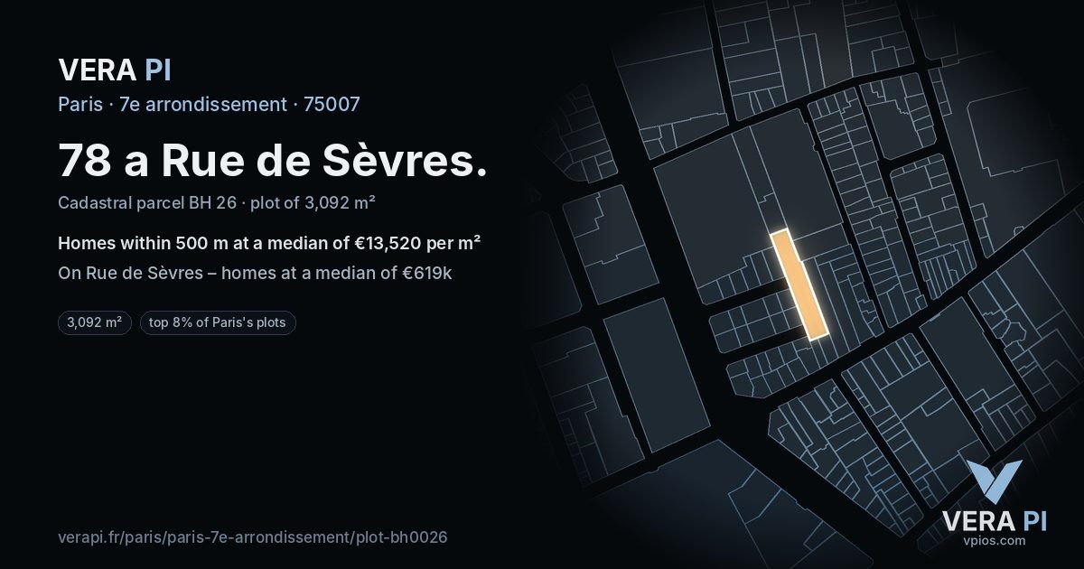 78 a Rue de Sèvres, 7e arrondissement at night – the plot lit, the parcels around coloured by the prices near them