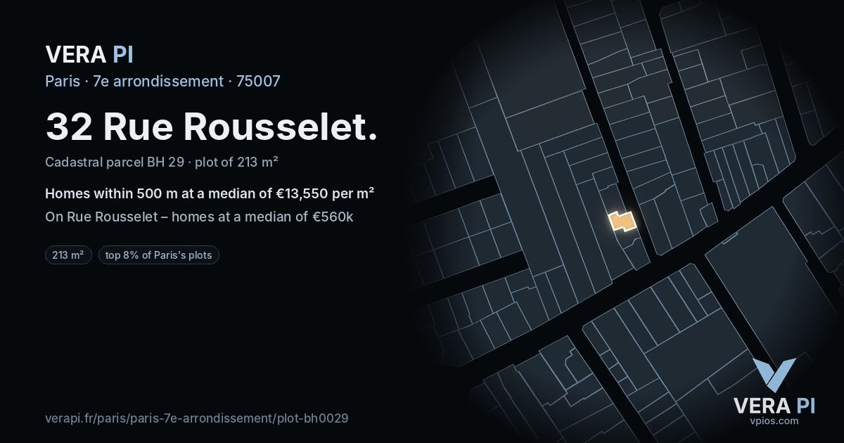 32 Rue Rousselet, 7e arrondissement at night – the plot lit, the parcels around coloured by the prices near them