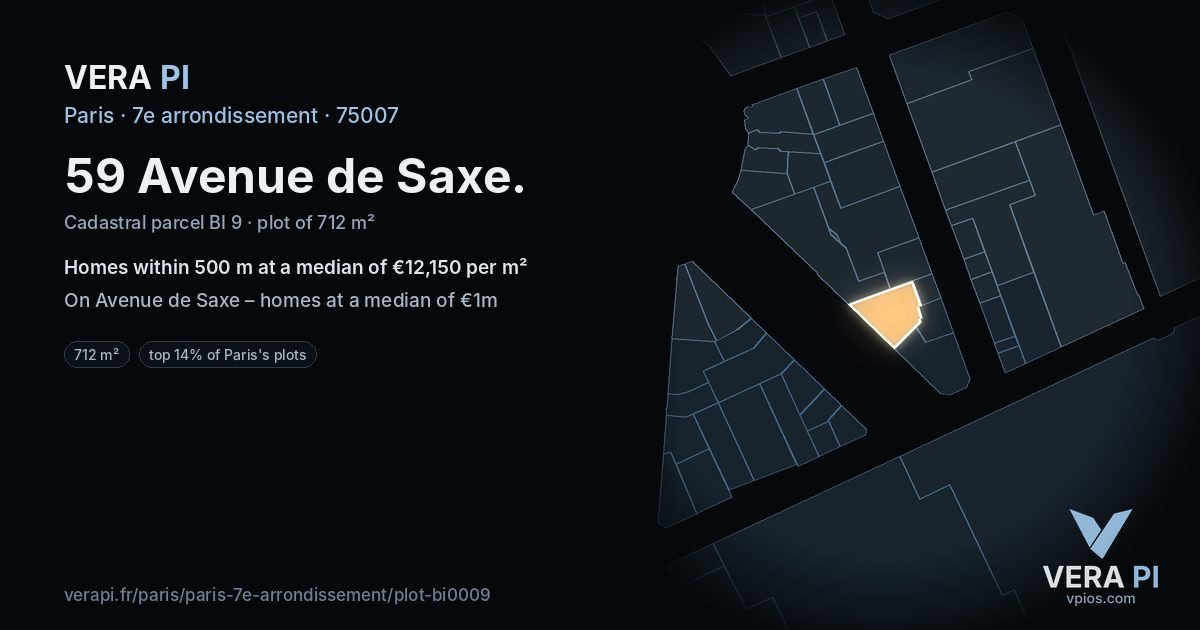 59 Avenue de Saxe, 7e arrondissement at night – the plot lit, the parcels around coloured by the prices near them