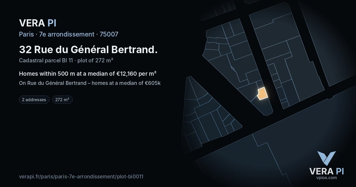 32 Rue du Général Bertrand, 7e arrondissement at night – the plot lit, the parcels around coloured by the prices near them