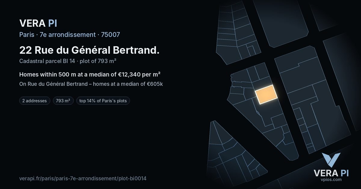 22 Rue du Général Bertrand, 7e arrondissement at night – the plot lit, the parcels around coloured by the prices near them
