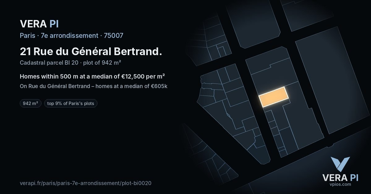 21 Rue du Général Bertrand, 7e arrondissement at night – the plot lit, the parcels around coloured by the prices near them