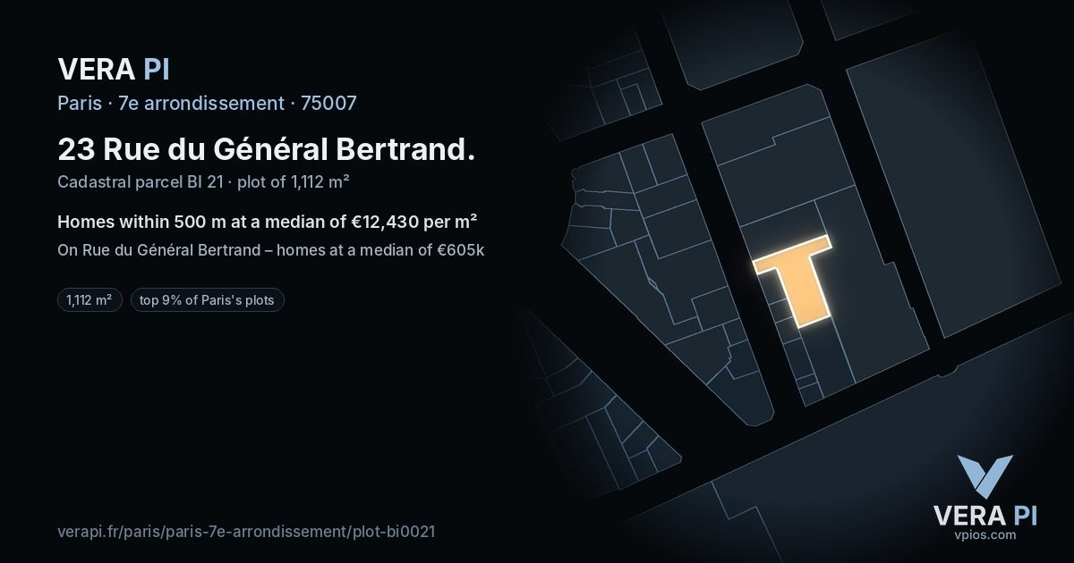 23 Rue du Général Bertrand, 7e arrondissement at night – the plot lit, the parcels around coloured by the prices near them