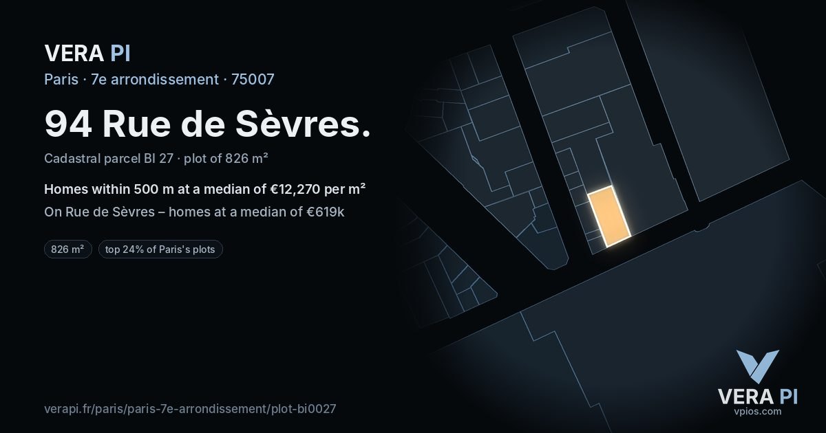 94 Rue de Sèvres, 7e arrondissement at night – the plot lit, the parcels around coloured by the prices near them