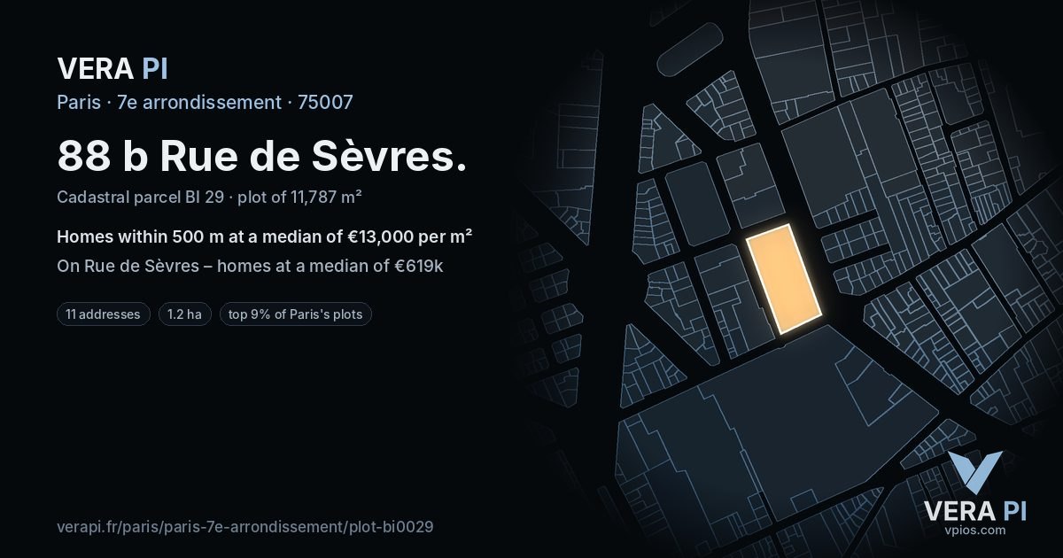 88 b Rue de Sèvres, 7e arrondissement at night – the plot lit, the parcels around coloured by the prices near them