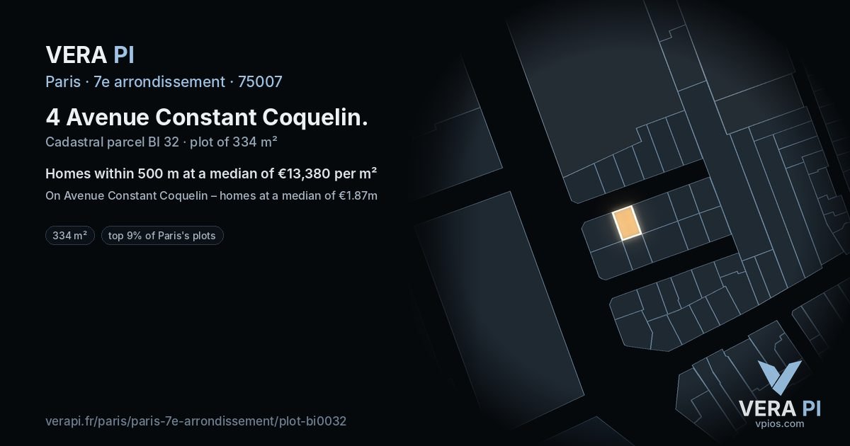 4 Avenue Constant Coquelin, 7e arrondissement at night – the plot lit, the parcels around coloured by the prices near them