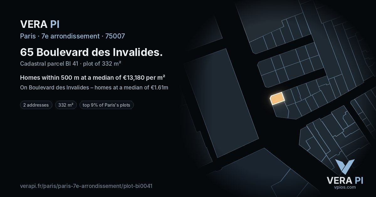 65 Boulevard des Invalides, 7e arrondissement at night – the plot lit, the parcels around coloured by the prices near them