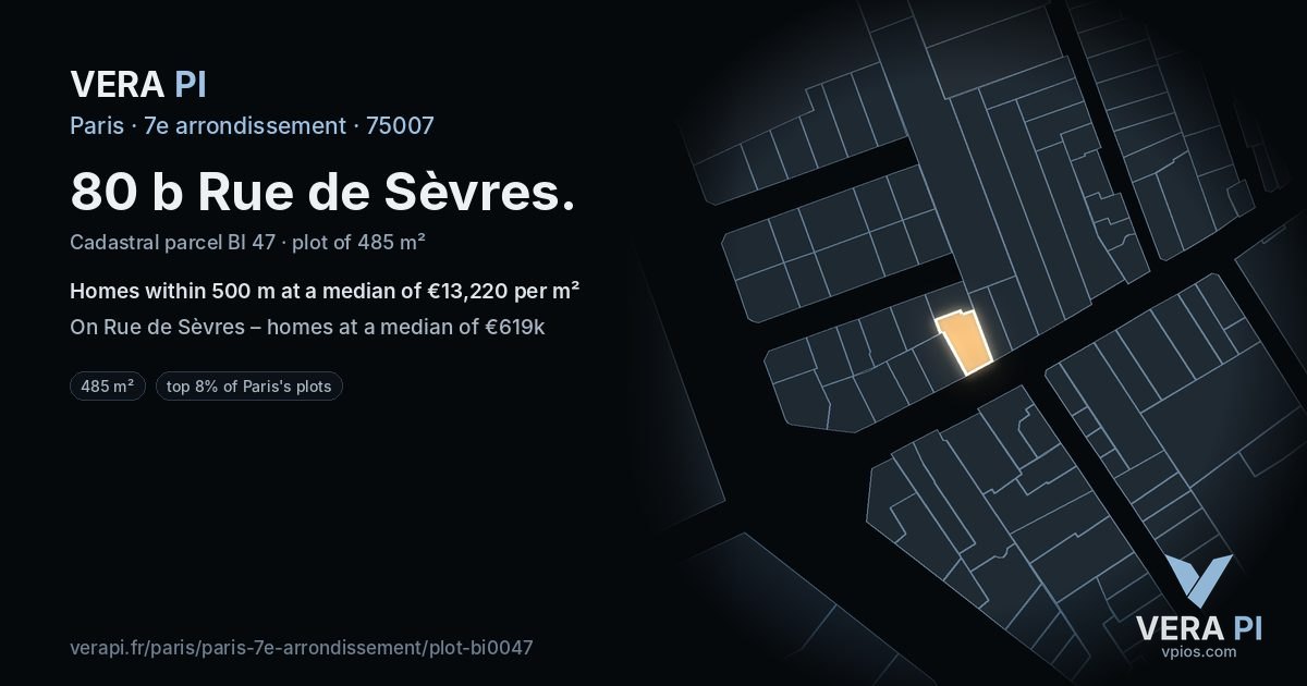 80 b Rue de Sèvres, 7e arrondissement at night – the plot lit, the parcels around coloured by the prices near them