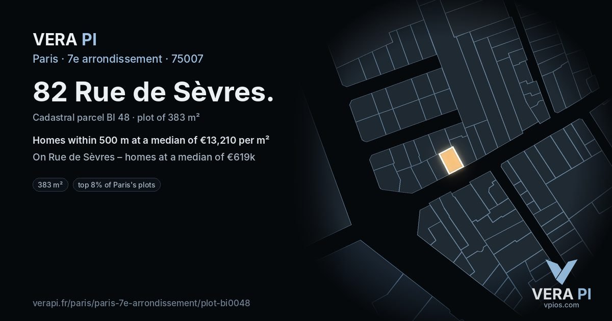 82 Rue de Sèvres, 7e arrondissement at night – the plot lit, the parcels around coloured by the prices near them