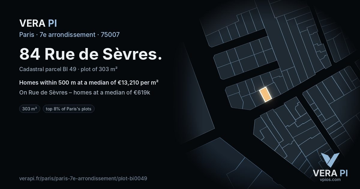 84 Rue de Sèvres, 7e arrondissement at night – the plot lit, the parcels around coloured by the prices near them