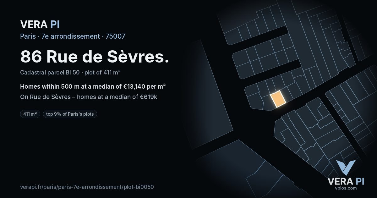 86 Rue de Sèvres, 7e arrondissement at night – the plot lit, the parcels around coloured by the prices near them