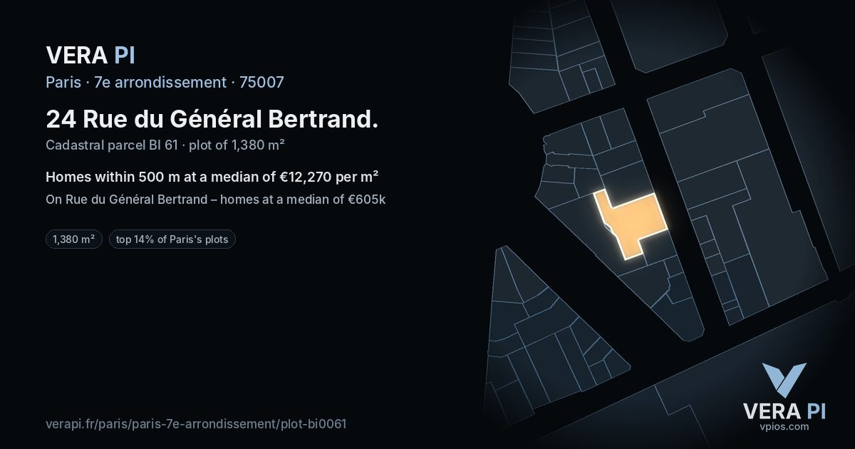 24 Rue du Général Bertrand, 7e arrondissement at night – the plot lit, the parcels around coloured by the prices near them