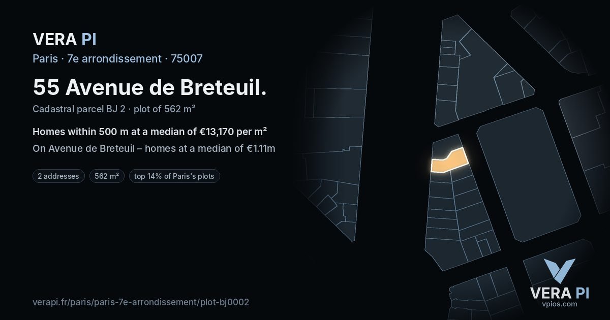 55 Avenue de Breteuil, 7e arrondissement at night – the plot lit, the parcels around coloured by the prices near them