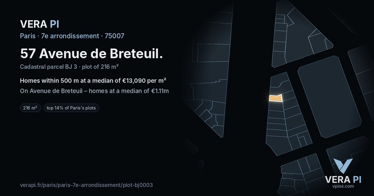 57 Avenue de Breteuil, 7e arrondissement at night – the plot lit, the parcels around coloured by the prices near them