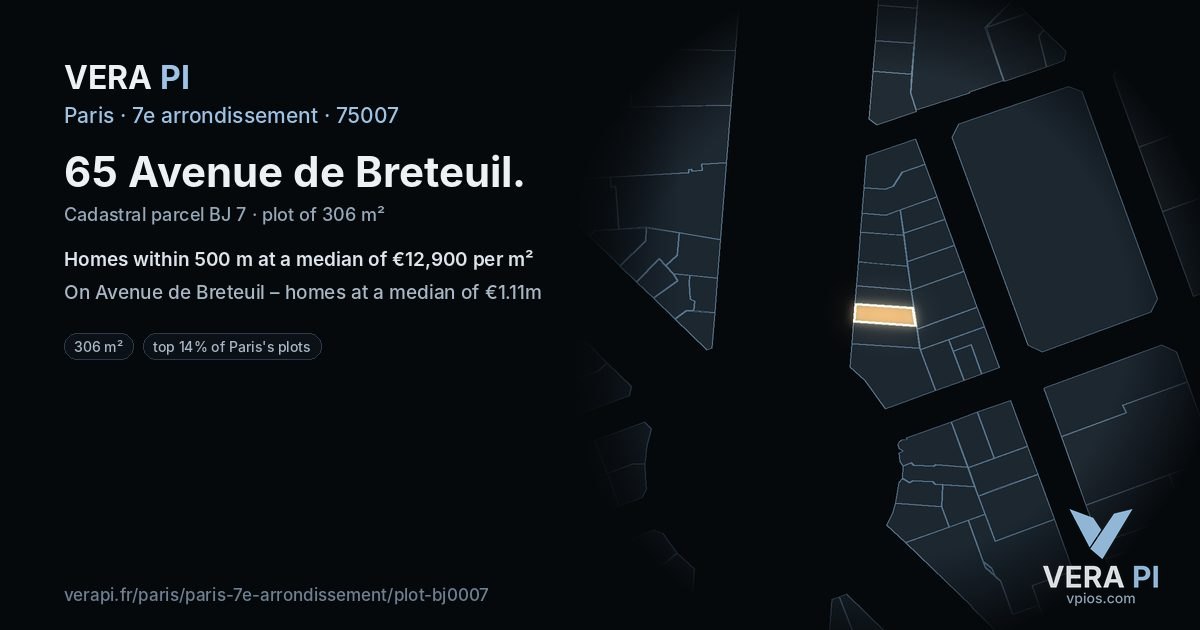 65 Avenue de Breteuil, 7e arrondissement at night – the plot lit, the parcels around coloured by the prices near them