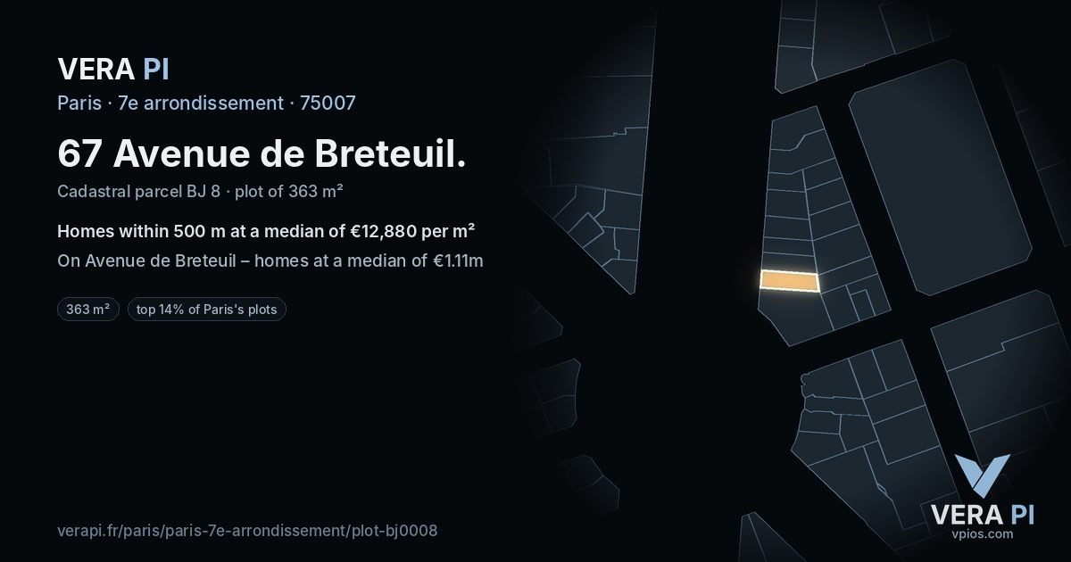 67 Avenue de Breteuil, 7e arrondissement at night – the plot lit, the parcels around coloured by the prices near them