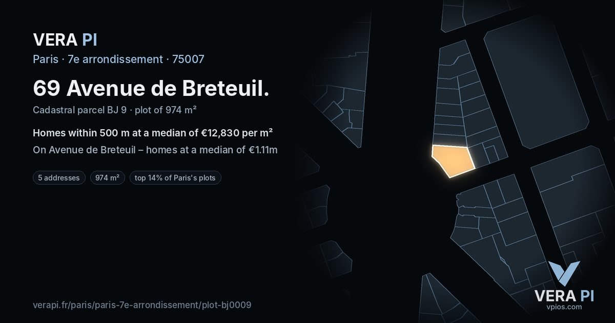 69 Avenue de Breteuil, 7e arrondissement at night – the plot lit, the parcels around coloured by the prices near them