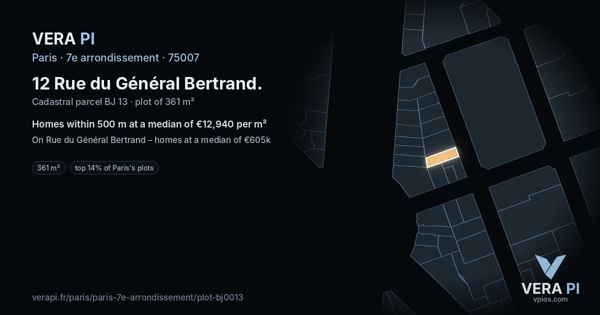 12 Rue du Général Bertrand, 7e arrondissement at night – the plot lit, the parcels around coloured by the prices near them
