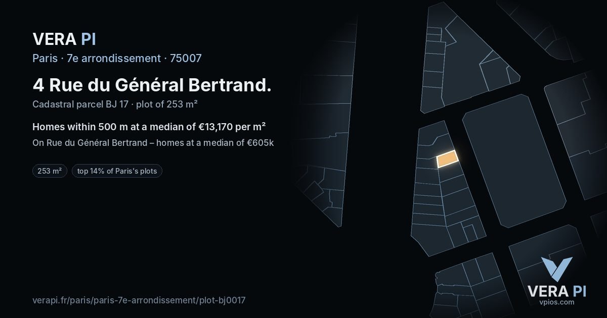4 Rue du Général Bertrand, 7e arrondissement at night – the plot lit, the parcels around coloured by the prices near them