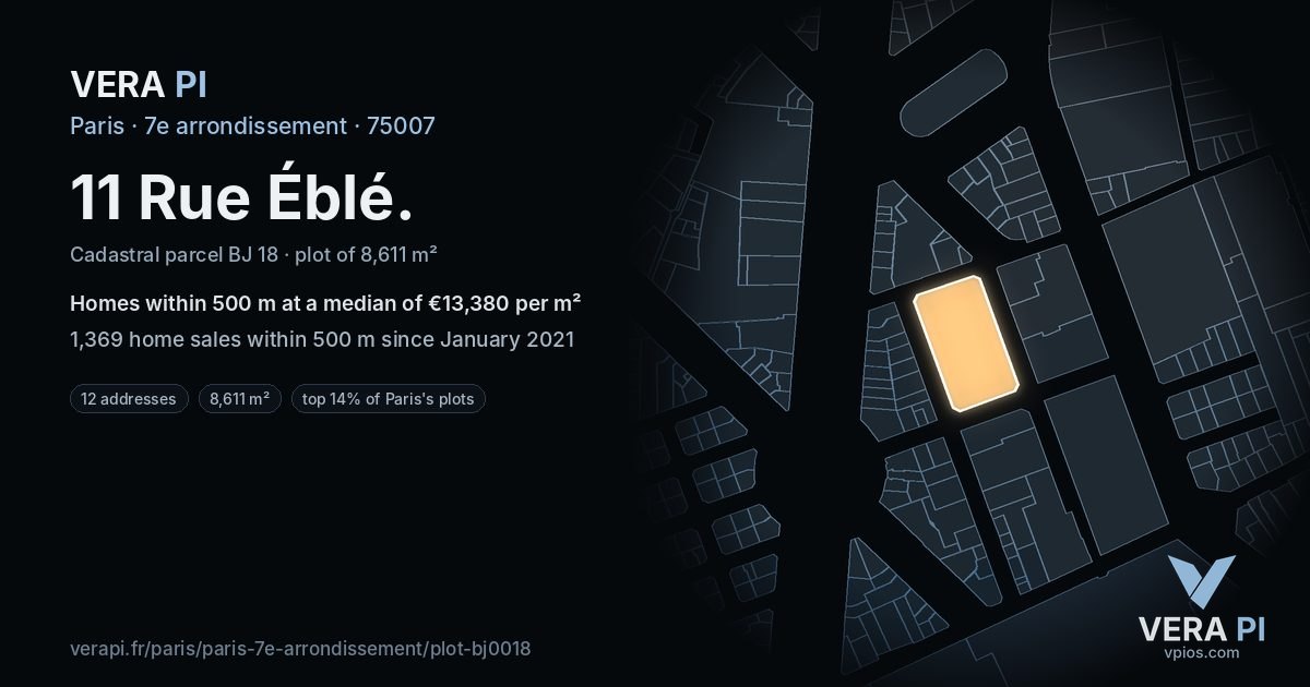 11 Rue Éblé, 7e arrondissement at night – the plot lit, the parcels around coloured by the prices near them