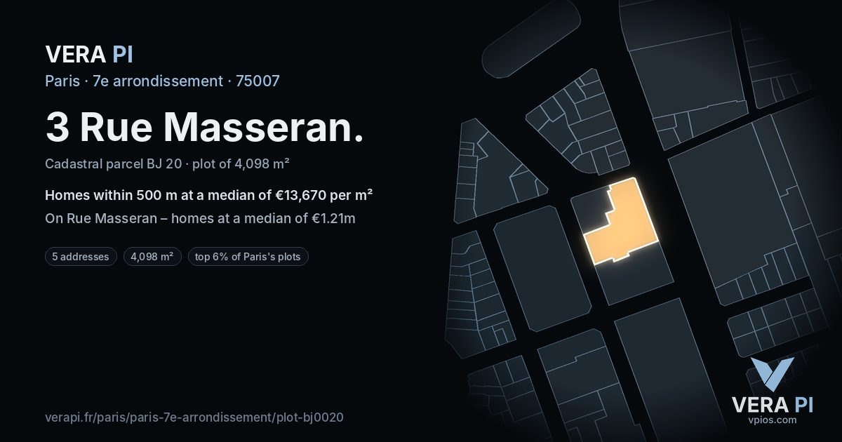 3 Rue Masseran, 7e arrondissement at night – the plot lit, the parcels around coloured by the prices near them