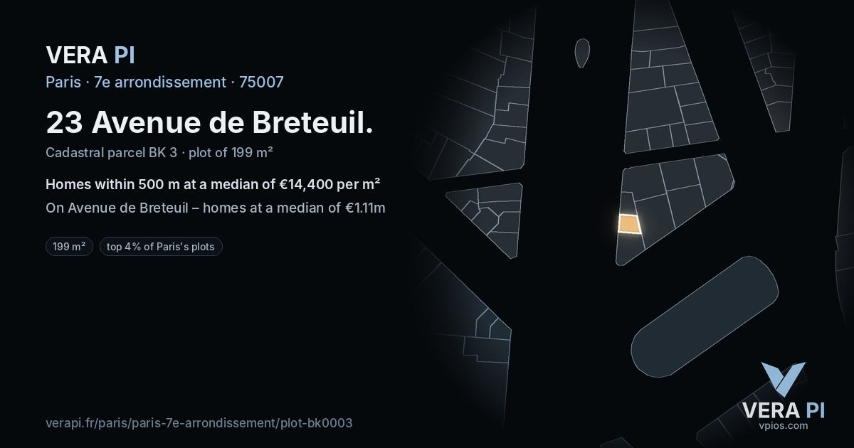 23 Avenue de Breteuil, 7e arrondissement at night – the plot lit, the parcels around coloured by the prices near them