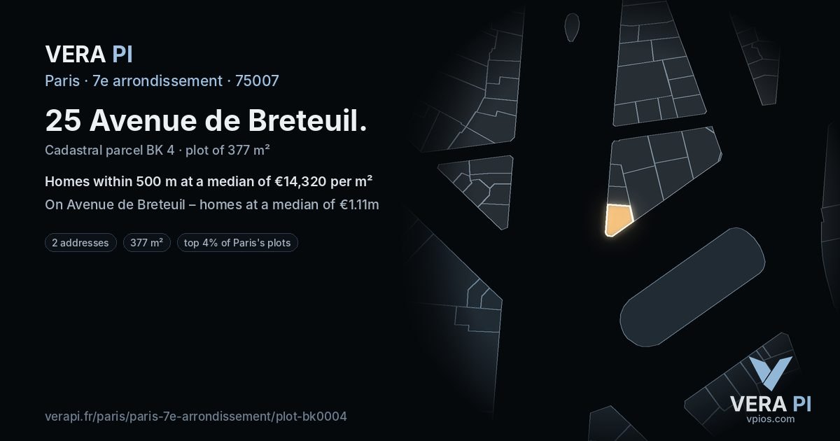 25 Avenue de Breteuil, 7e arrondissement at night – the plot lit, the parcels around coloured by the prices near them