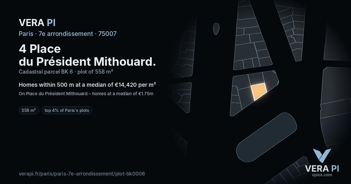 4 Place du Président Mithouard, 7e arrondissement at night – the plot lit, the parcels around coloured by the prices near them
