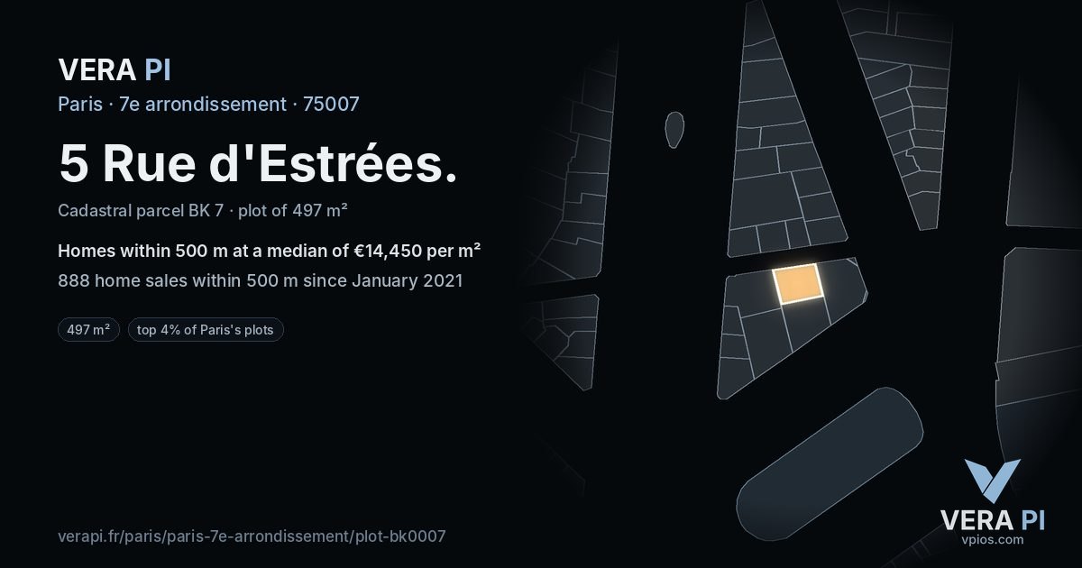 5 Rue d'Estrées, 7e arrondissement at night – the plot lit, the parcels around coloured by the prices near them
