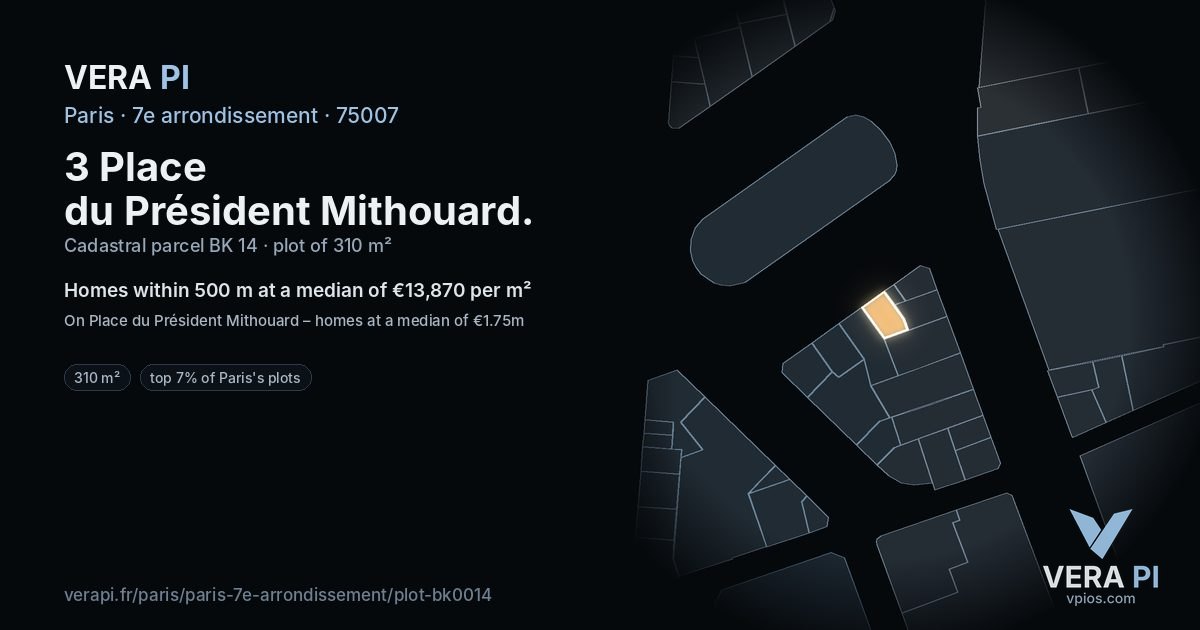 3 Place du Président Mithouard, 7e arrondissement at night – the plot lit, the parcels around coloured by the prices near them