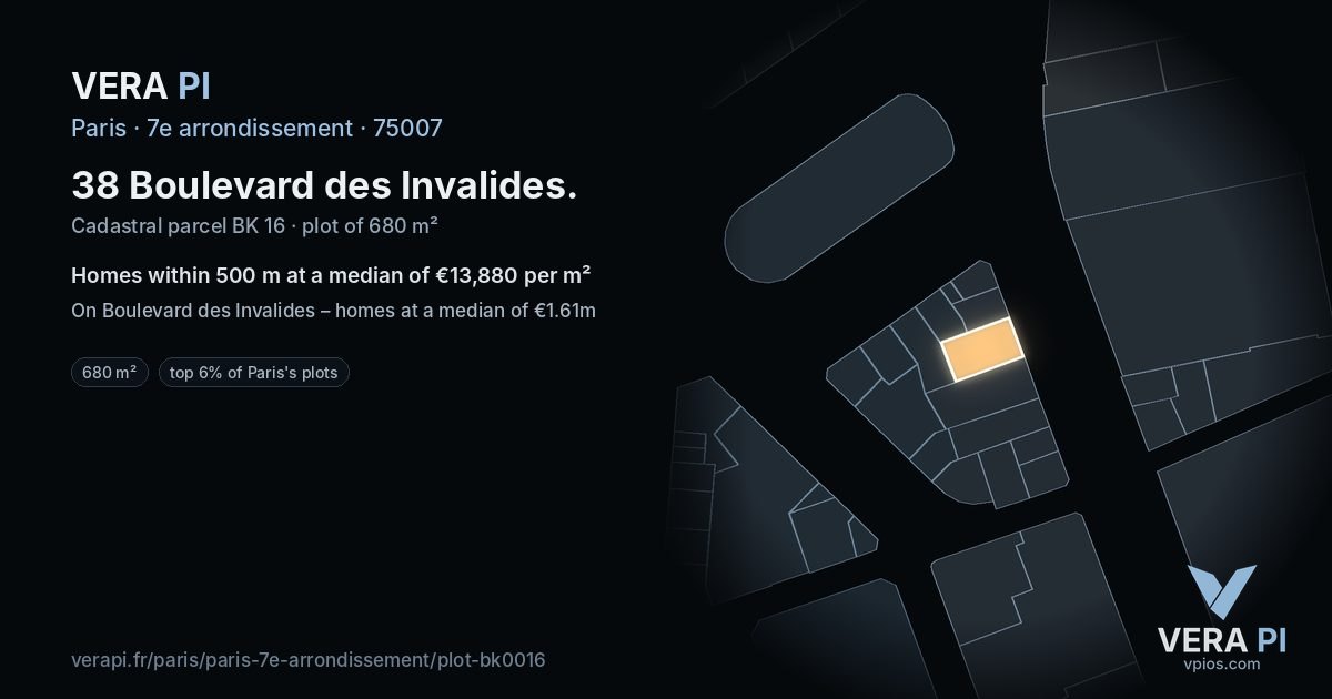 38 Boulevard des Invalides, 7e arrondissement at night – the plot lit, the parcels around coloured by the prices near them