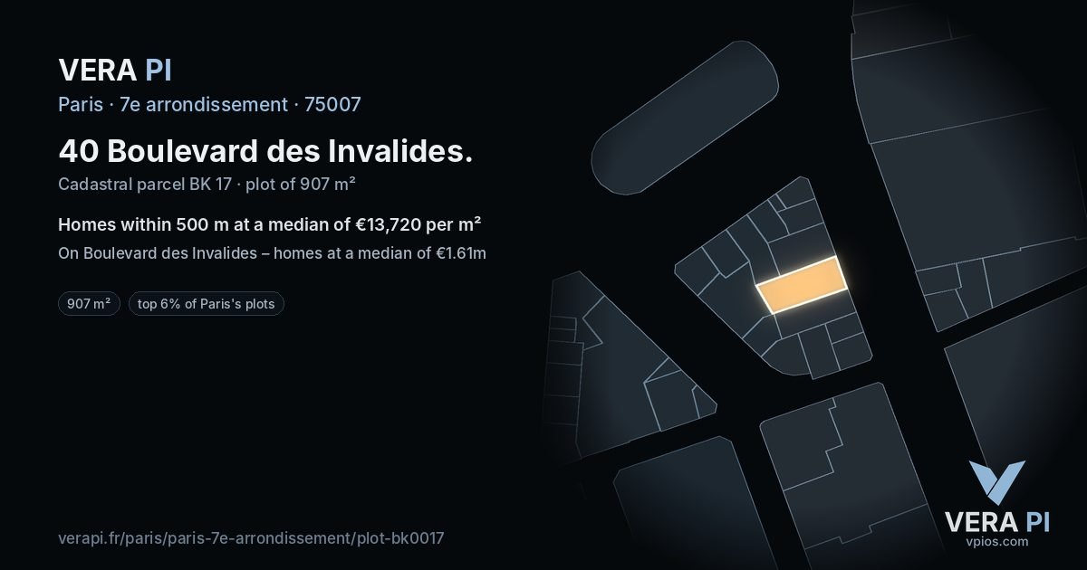 40 Boulevard des Invalides, 7e arrondissement at night – the plot lit, the parcels around coloured by the prices near them