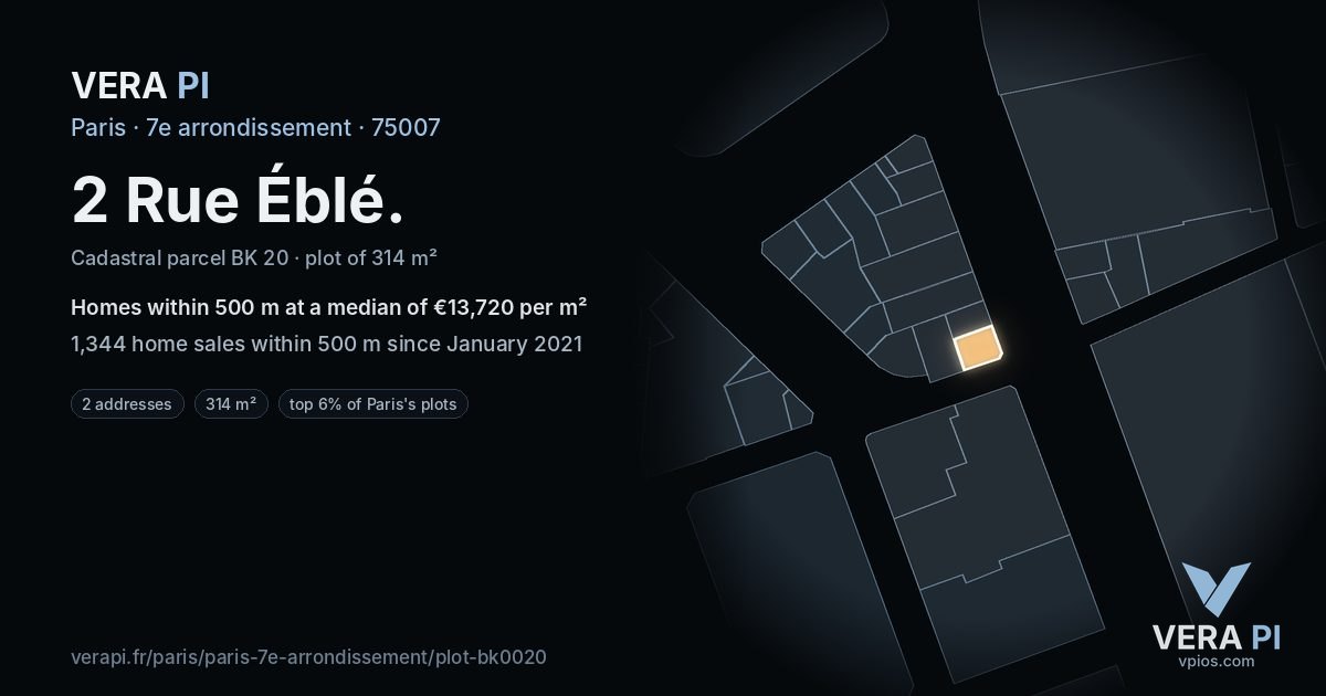 2 Rue Éblé, 7e arrondissement at night – the plot lit, the parcels around coloured by the prices near them