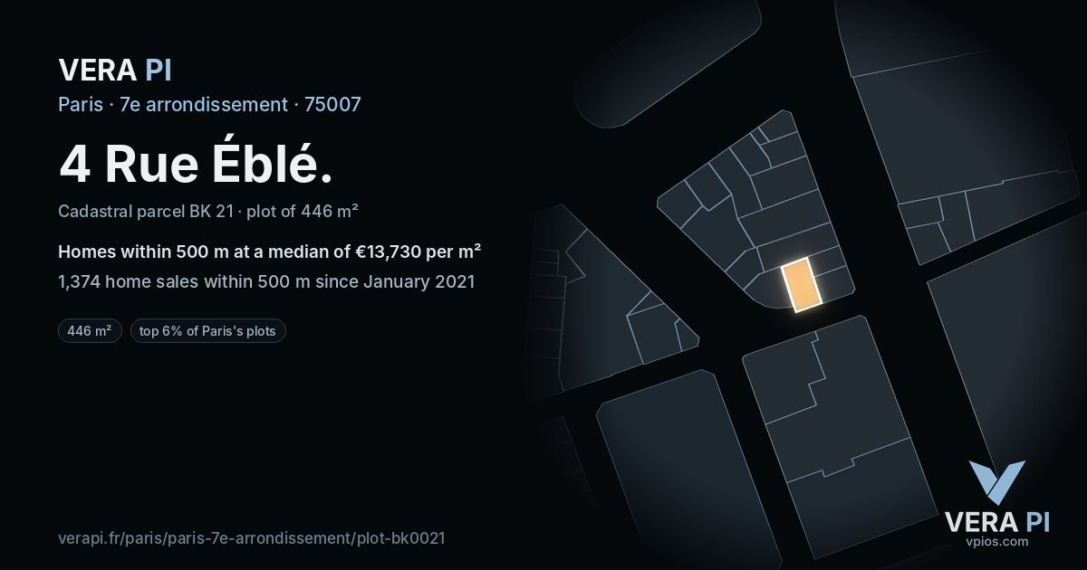 4 Rue Éblé, 7e arrondissement at night – the plot lit, the parcels around coloured by the prices near them