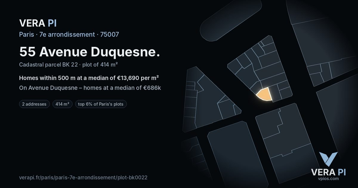 55 Avenue Duquesne, 7e arrondissement at night – the plot lit, the parcels around coloured by the prices near them