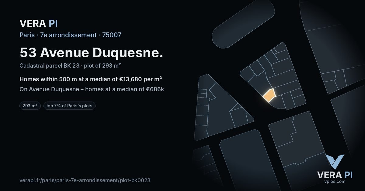 53 Avenue Duquesne, 7e arrondissement at night – the plot lit, the parcels around coloured by the prices near them