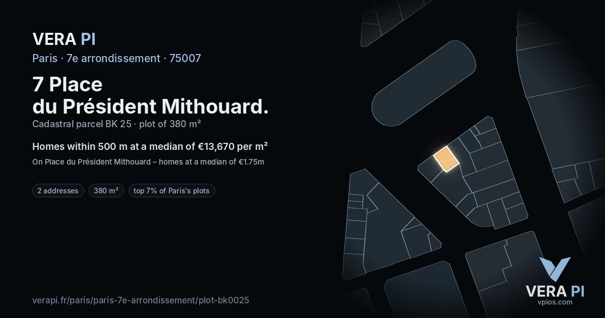 7 Place du Président Mithouard, 7e arrondissement at night – the plot lit, the parcels around coloured by the prices near them