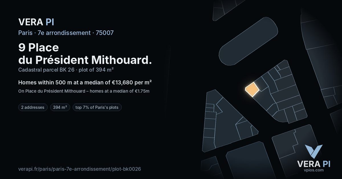 9 Place du Président Mithouard, 7e arrondissement at night – the plot lit, the parcels around coloured by the prices near them
