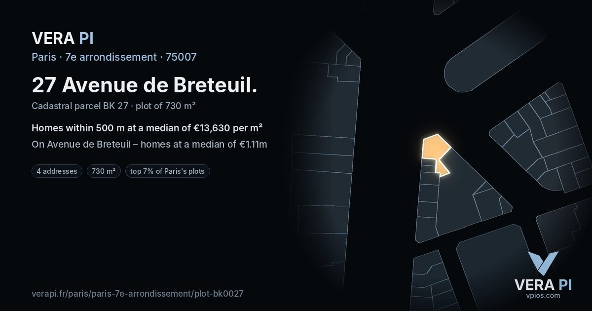 27 Avenue de Breteuil, 7e arrondissement at night – the plot lit, the parcels around coloured by the prices near them
