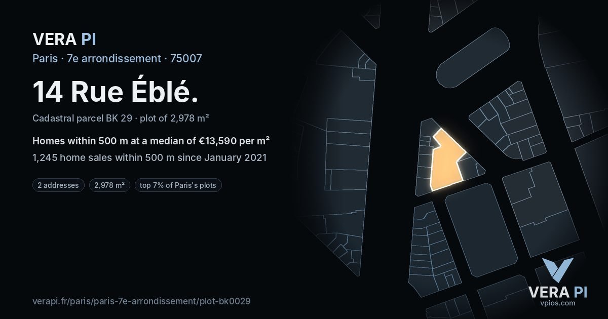 14 Rue Éblé, 7e arrondissement at night – the plot lit, the parcels around coloured by the prices near them