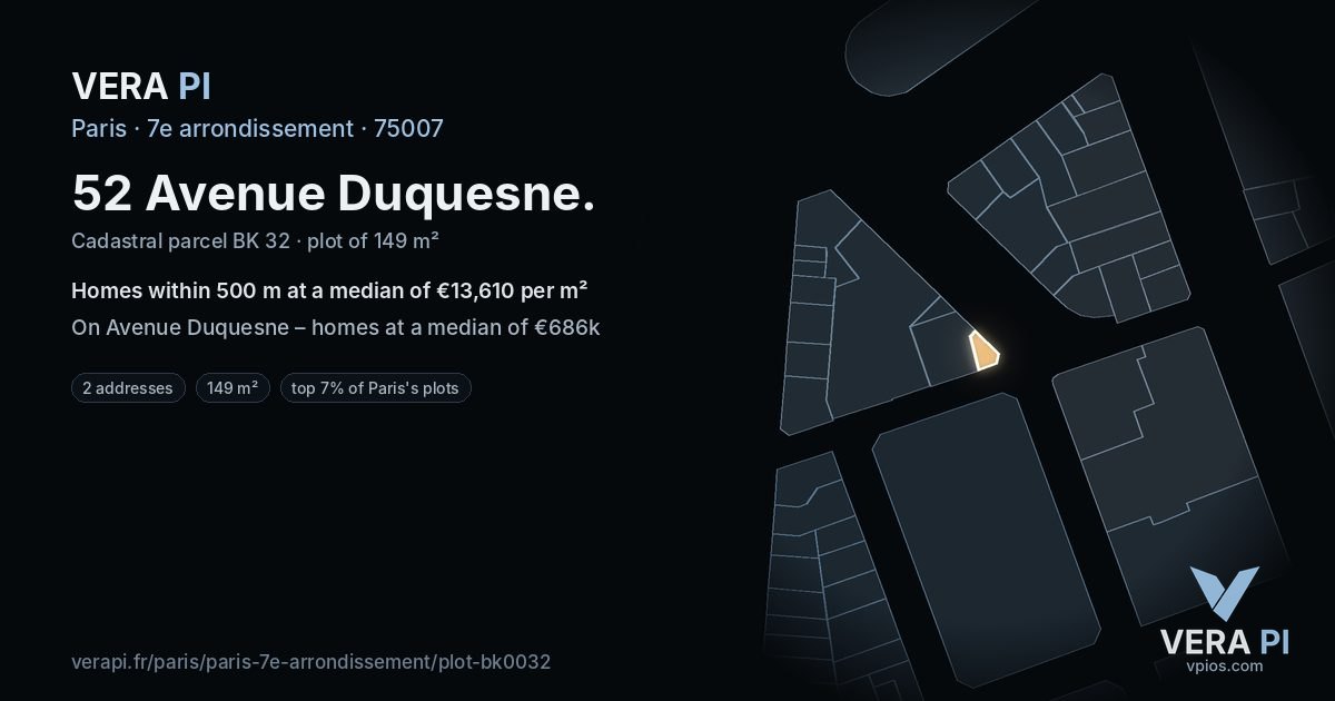 52 Avenue Duquesne, 7e arrondissement at night – the plot lit, the parcels around coloured by the prices near them