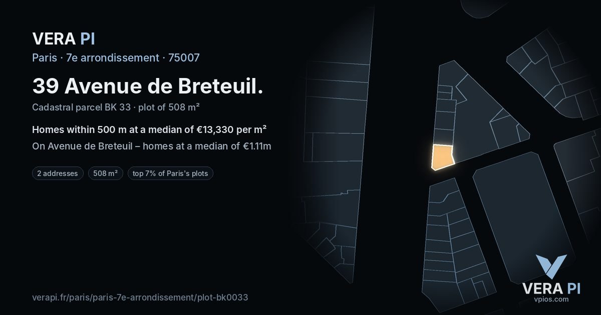 39 Avenue de Breteuil, 7e arrondissement at night – the plot lit, the parcels around coloured by the prices near them