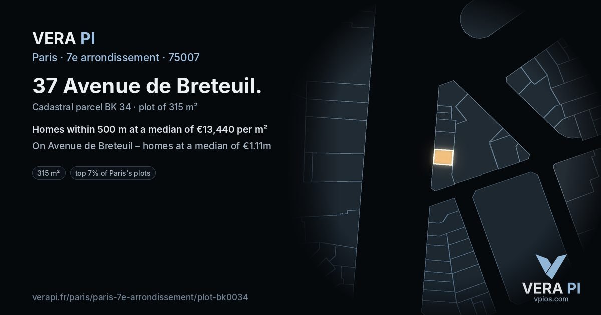 37 Avenue de Breteuil, 7e arrondissement at night – the plot lit, the parcels around coloured by the prices near them