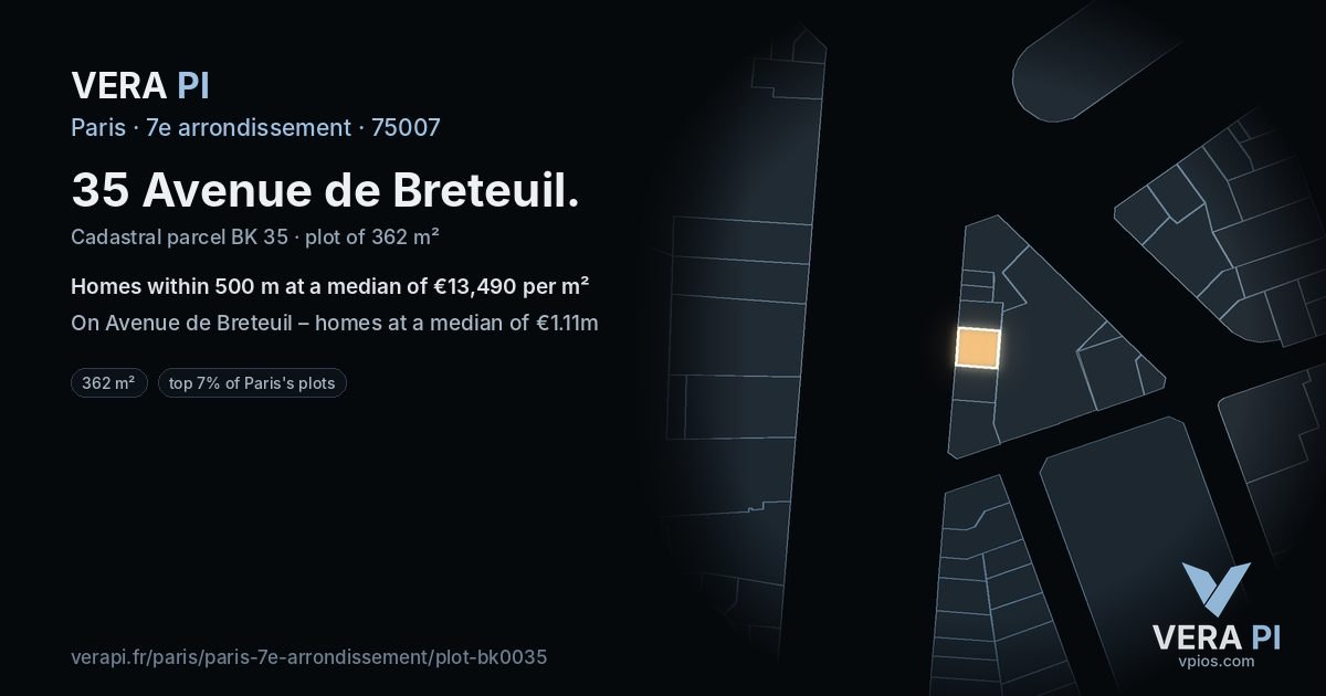 35 Avenue de Breteuil, 7e arrondissement at night – the plot lit, the parcels around coloured by the prices near them