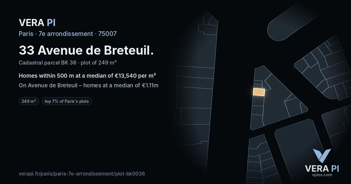 33 Avenue de Breteuil, 7e arrondissement at night – the plot lit, the parcels around coloured by the prices near them