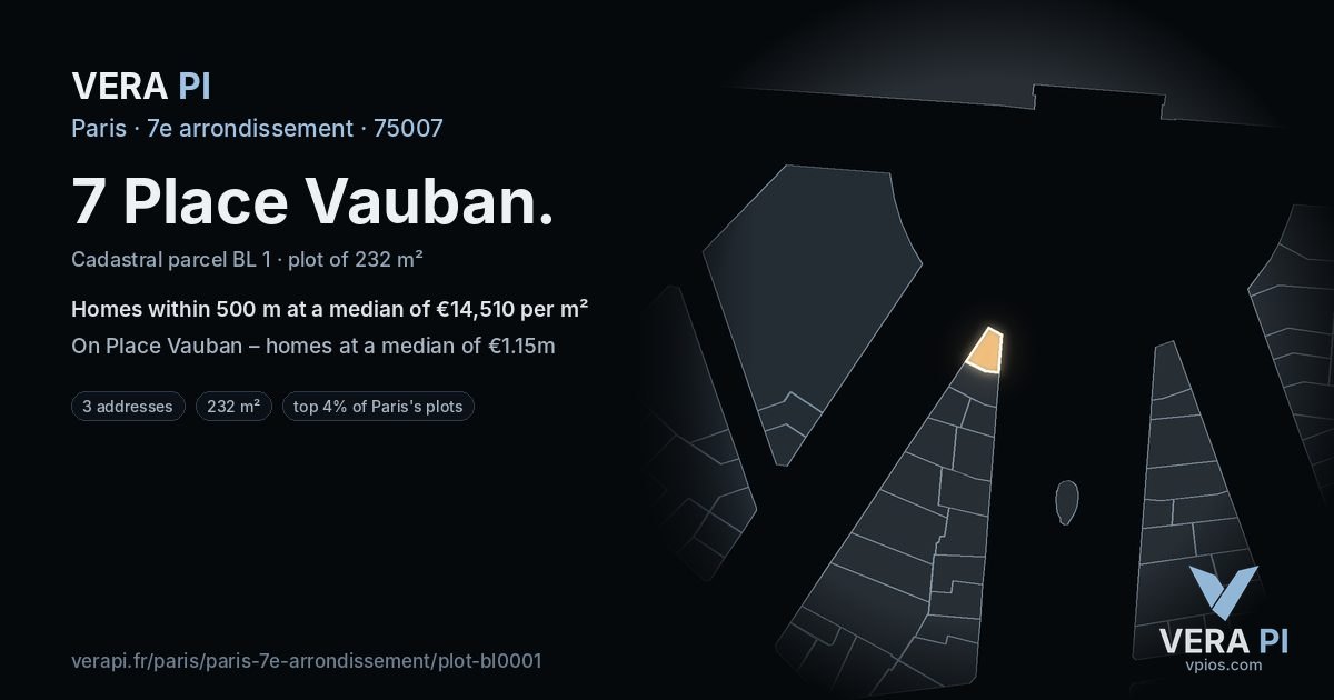 7 Place Vauban, 7e arrondissement at night – the plot lit, the parcels around coloured by the prices near them