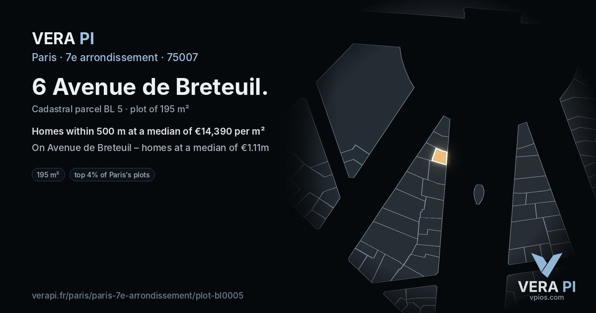 6 Avenue de Breteuil, 7e arrondissement at night – the plot lit, the parcels around coloured by the prices near them