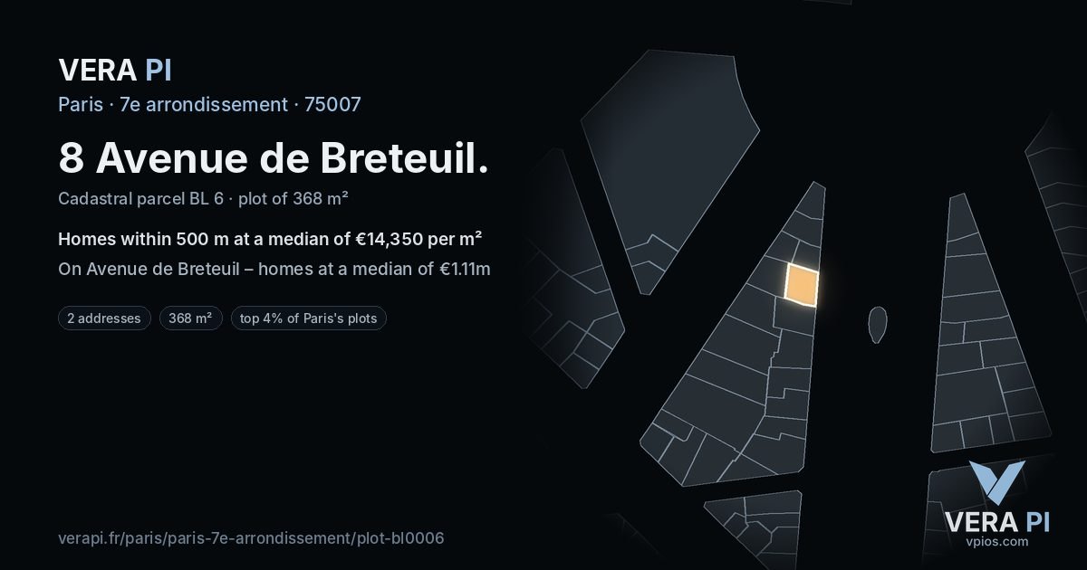 8 Avenue de Breteuil, 7e arrondissement at night – the plot lit, the parcels around coloured by the prices near them