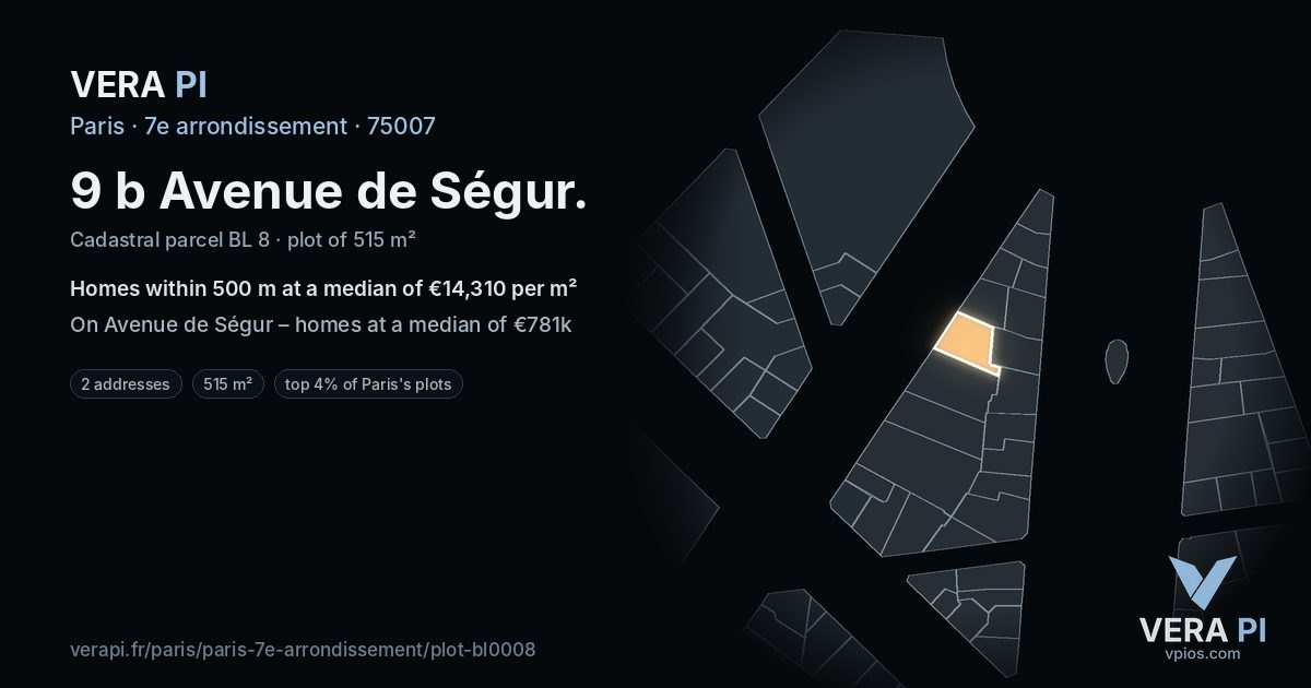 9 b Avenue de Ségur, 7e arrondissement at night – the plot lit, the parcels around coloured by the prices near them