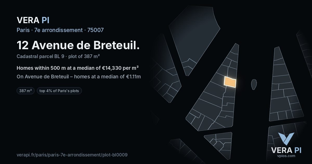 12 Avenue de Breteuil, 7e arrondissement at night – the plot lit, the parcels around coloured by the prices near them